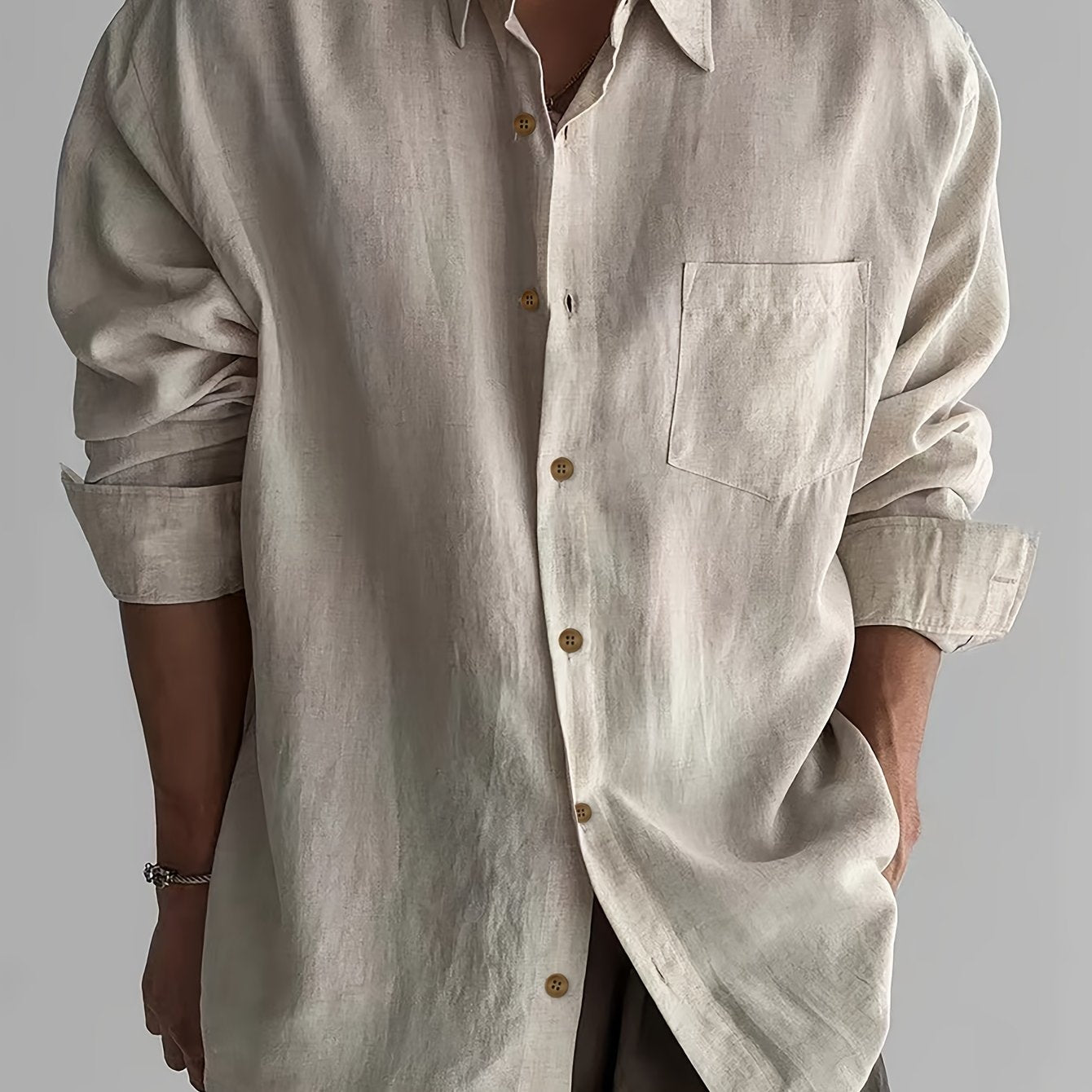 Loose Fit Linen-Blend Long Sleeve Shirt