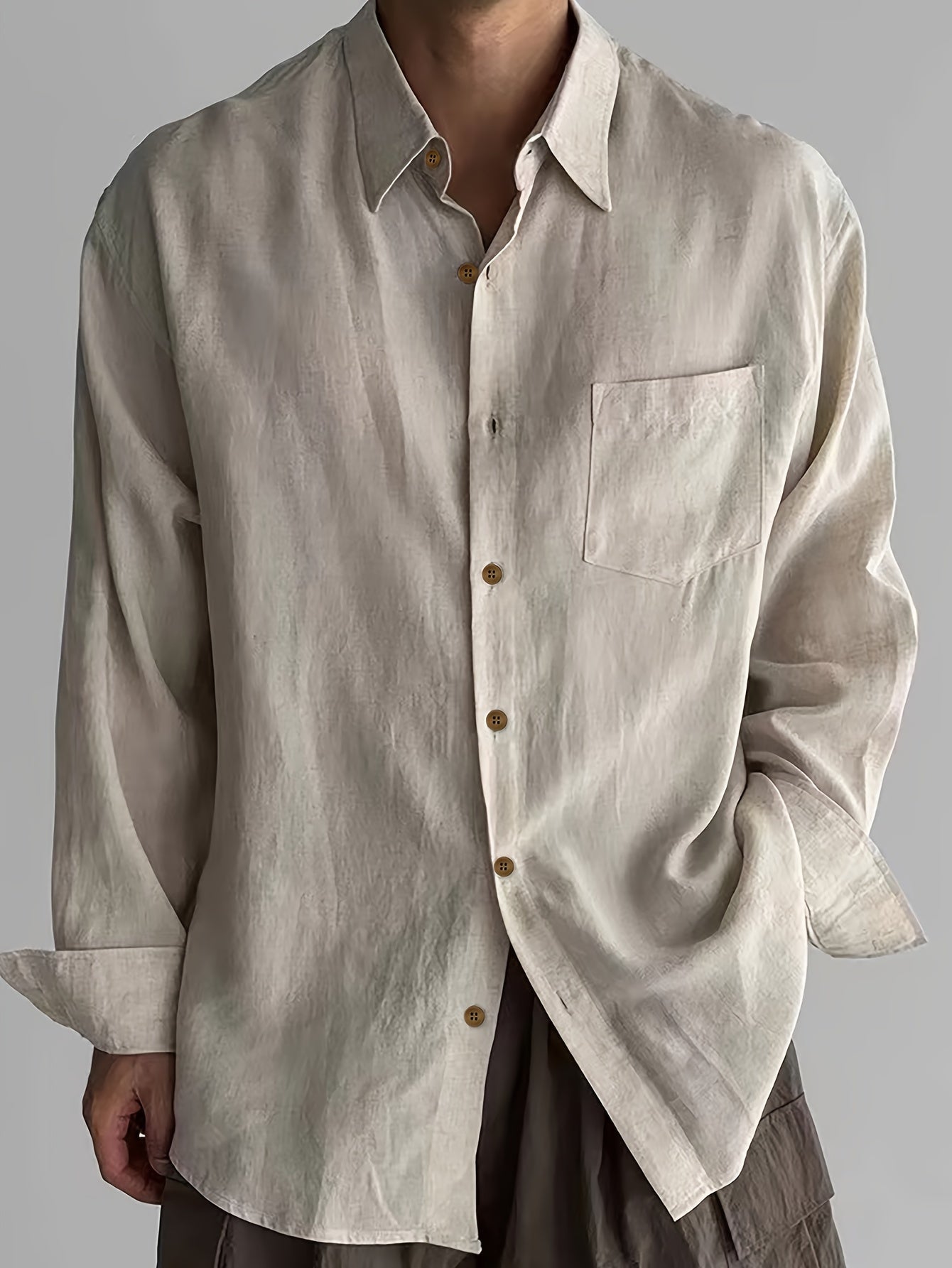 Loose Fit Linen-Blend Long Sleeve Shirt