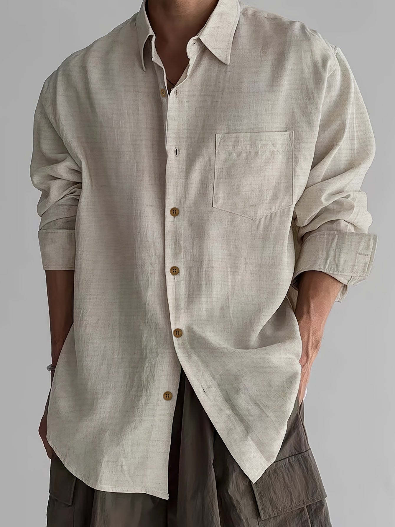 Loose Fit Linen-Blend Long Sleeve Shirt