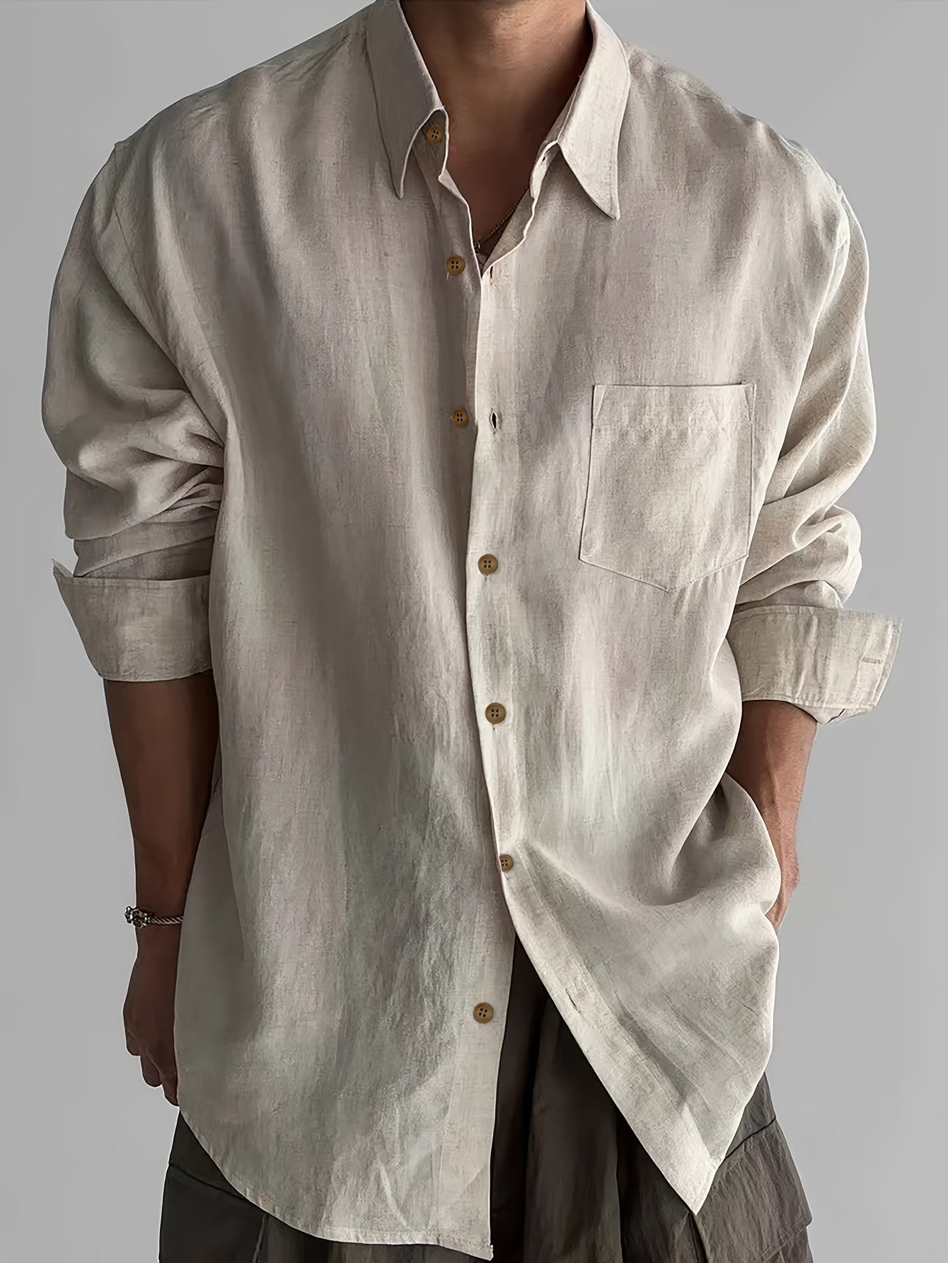 Loose Fit Linen-Blend Long Sleeve Shirt