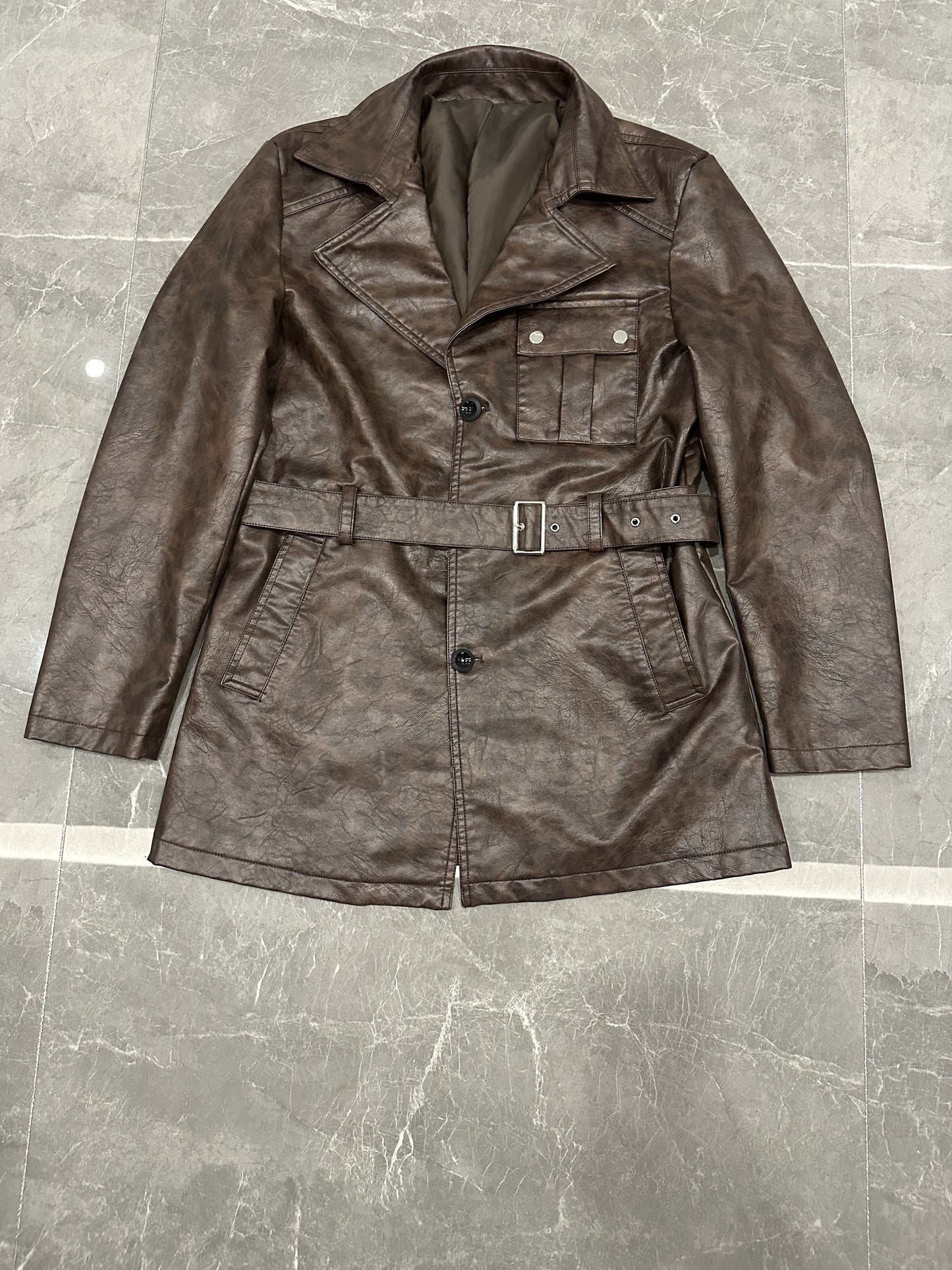 Men's Mid-Length PU Trench Coat